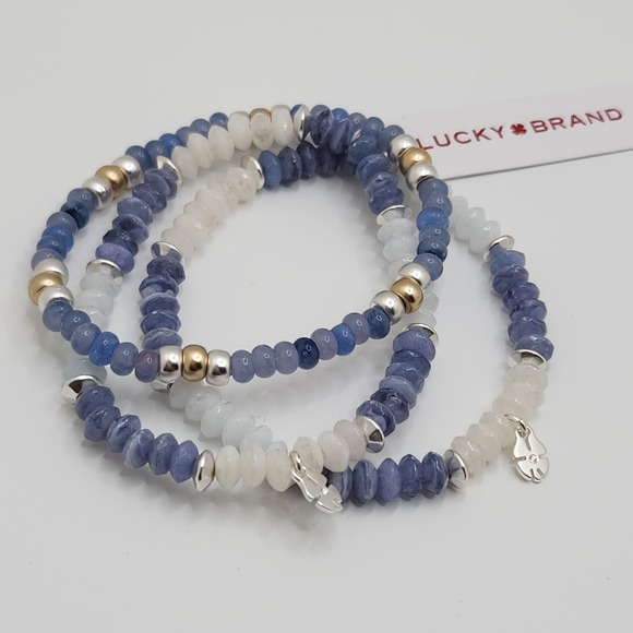 Lucky Brand Jewelry - Boho Lucky Brand Blue White Gemstone Beaded Stretch Bracelet Set 3pc NEW